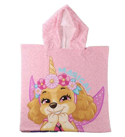 Pink Paw Patrol hooded poncho towel with 55x77 cm size, featuring playful character designs for bath and home use.