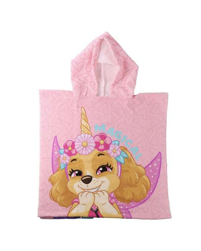 Pink Paw Patrol hooded poncho towel with 55x77 cm size, featuring playful character designs for bath and home use.