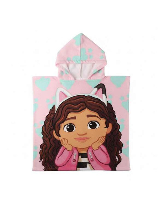 Light pink Gabby's Dollhouse hooded poncho towel with 55 x 77 cm size, featuring a cozy house and kitchen-themed design.