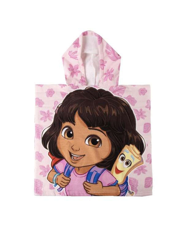 Light pink Dora The Explorer hooded poncho towel, 55 x 77 cm, ideal for bath or pool, featuring character design and soft fabric.