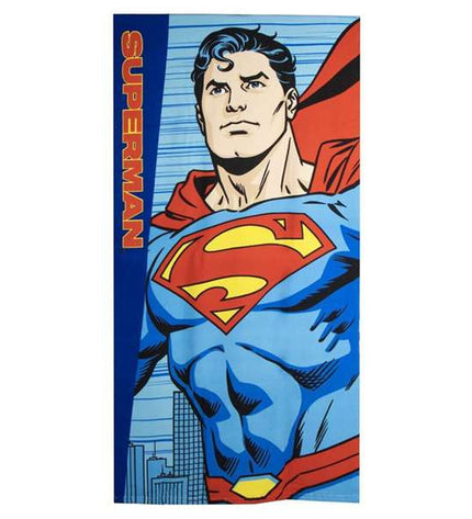 Blue Superman beach towel, 70x140 cm, featuring Superman logo, perfect for bath or poolside use.