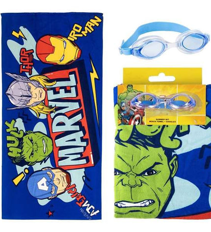 The Avengers strandhanddoek, a colorful bath towel with superhero design, featuring comic-style graphics and vibrant colors.