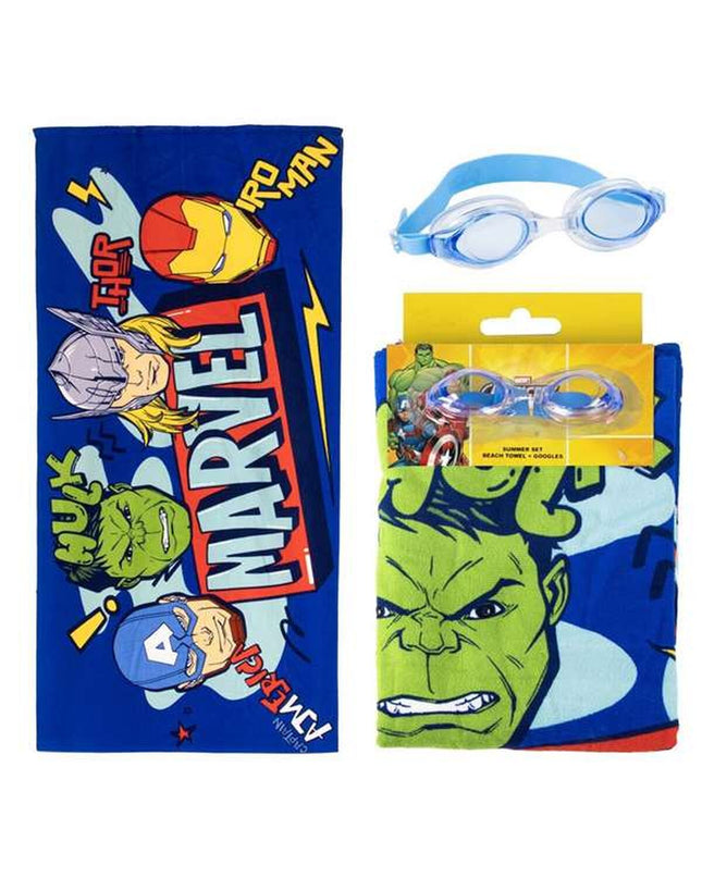 The Avengers strandhanddoek, a colorful bath towel with superhero design, featuring comic-style graphics and vibrant colors.