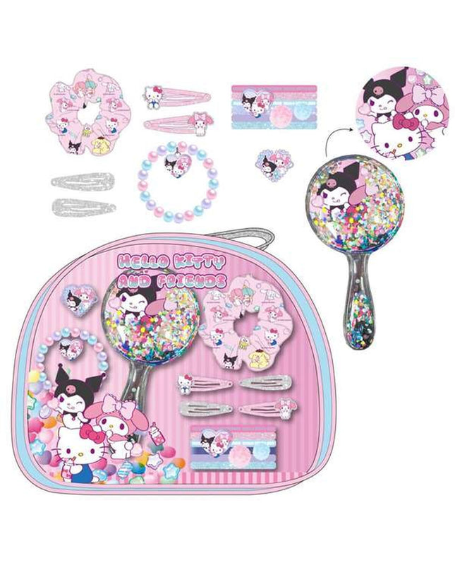 Hello Kitty beauty set with toy mirror, brush, and accessories in a pink box, designed for pretend play and imaginative games.