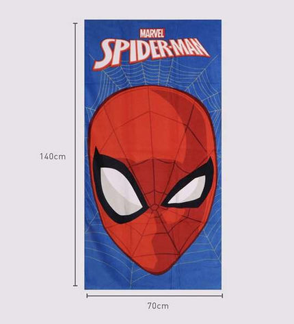 Blue Spider-Man bath towel with spider web design, 70x140 cm, perfect for kids' bathroom and swimming use.