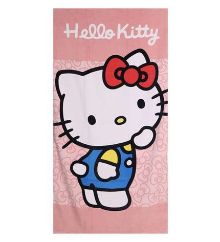 Pink Hello Kitty beach towel, 70x140cm, soft cotton fabric with Hello Kitty design, ideal for bath or beach use.