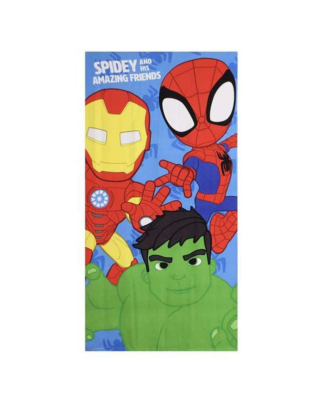 Blue Spidey beach towel with Spidey character design, measuring 70 x 140 cm, suitable for bathroom and beach use.