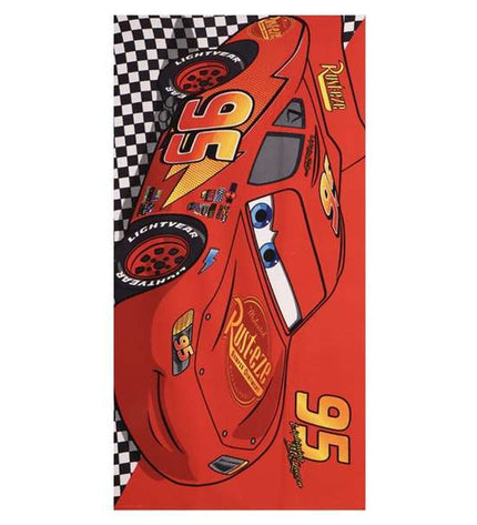 Cars brand red beach towel with car print, 70 x 140 cm, suitable for home, bathroom, or beach use.