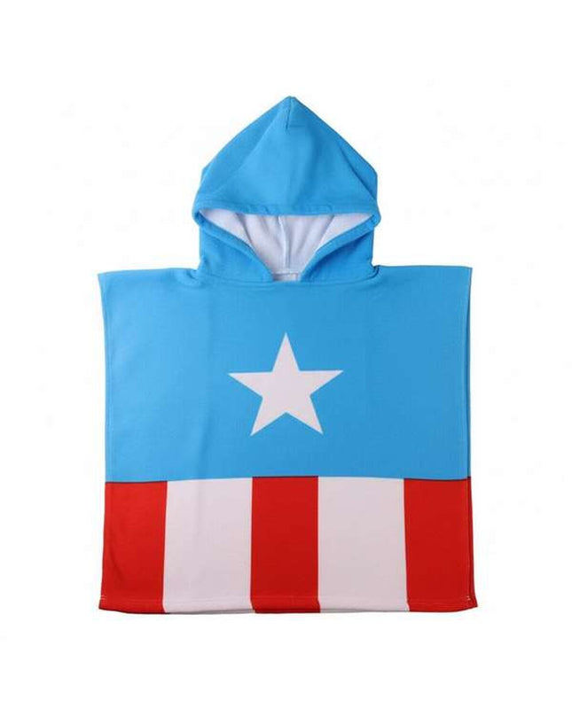 The Avengers blue hooded poncho towel for home and bath, measuring 55 x 77 cm, featuring superhero design and soft fabric.