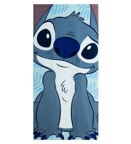 Stitch blue beach towel with stitched design, ideal for bathroom or home use, displayed flat with textured fabric visible.