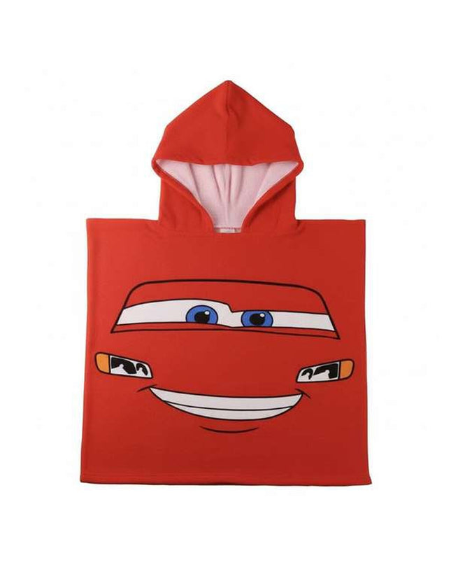 Cars brand hooded poncho towel in red, 55x77 cm, designed for home, bath, and swimming use, featuring a playful Cars theme.