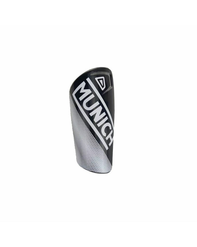 Black Munich football shin guards with protective padding designed for sport and outdoor soccer.