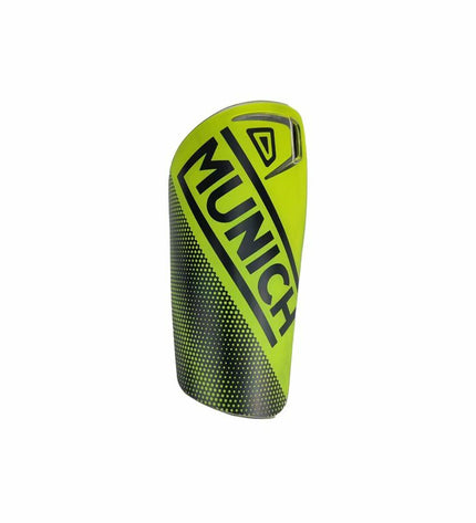 Yellow Munich soccer shin guards for football, sport and outdoor protection, with adjustable straps and padded design