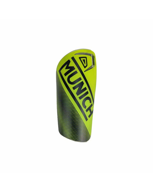 Yellow Munich soccer shin guards for football, sport and outdoor use, with padded protection and adjustable straps
