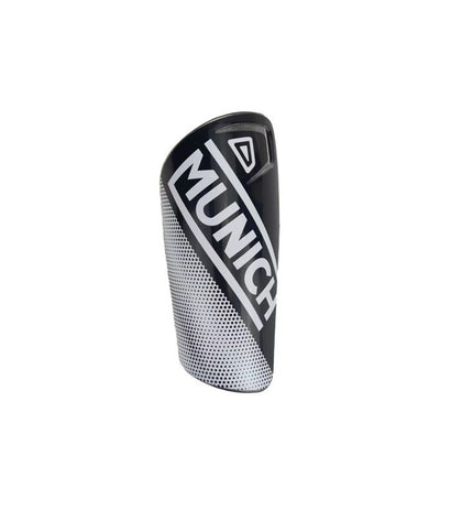 Black Munich football shin guards with padded protection, designed for sports and outdoor football activities.