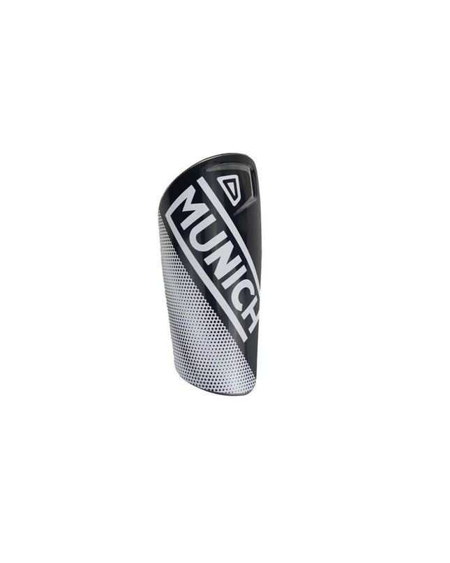 Black Munich football shin guards with padded protection, designed for sports and outdoor football activities.