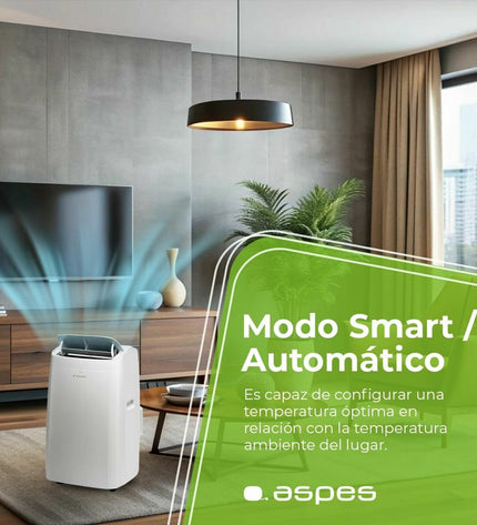 Aspes AAAP1200F A portable air conditioner for home and kitchen cooling, shown in a clean, modern setting.