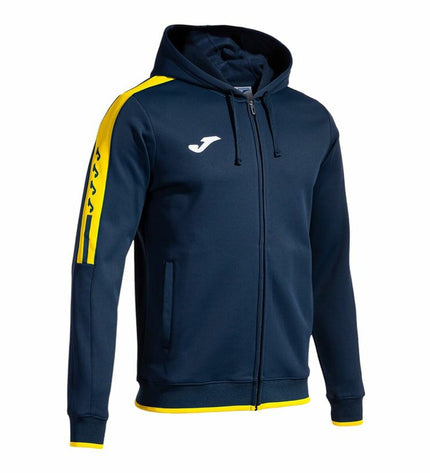 Joma Sport Olimpiada men's sports jacket in black with white accents, suitable for outdoor activities and sports.