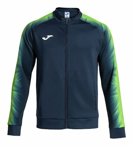 Men's Joma Sport Elite XI blue and lime green sports jacket, lightweight outdoor sportwear, shown in a close-up image.
