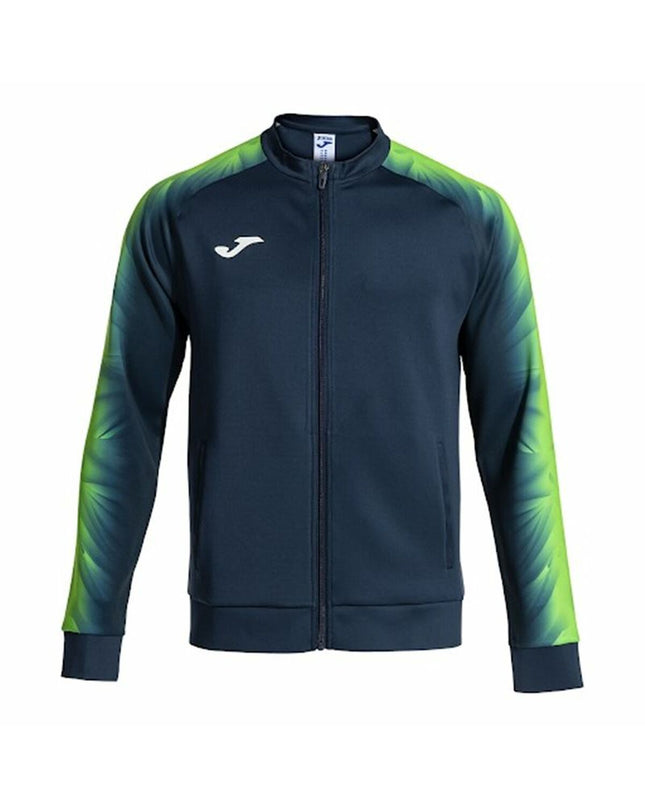 Men's Joma Sport Elite XI blue and lime green sports jacket, lightweight outdoor sportwear, shown in a close-up image.