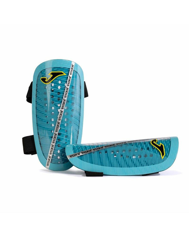 Joma Sport Attack turquoise football shin guards for sports and outdoor soccer, with protective padding and adjustable straps