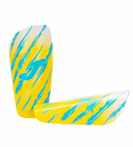 Yellow Joma Sport soccer shin guards with protective padding and adjustable straps, designed for football players.