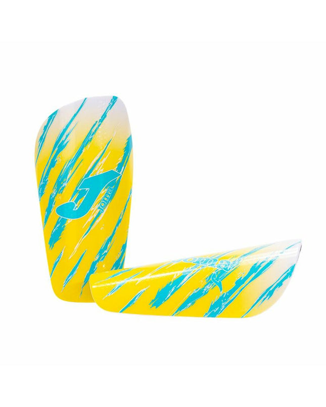 Yellow Joma Sport soccer shin guards with protective padding and adjustable straps, designed for football players.