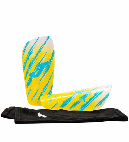 Yellow Joma Sport Spider football shin guards, sport and outdoor football protective gear, with black straps and reinforced padding.