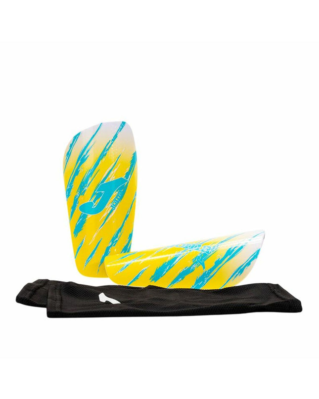 Yellow Joma Sport Spider football shin guards, sport and outdoor football protective gear, with black straps and reinforced padding.