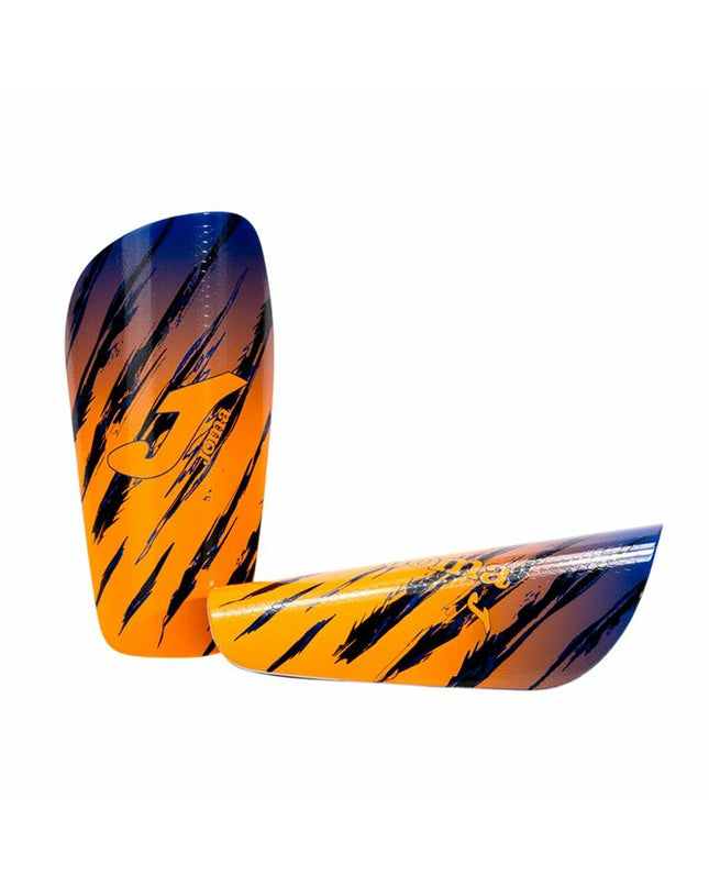 Joma Sport Spider orange soccer shin guards for football, lightweight protective padding for sports and outdoor activity.