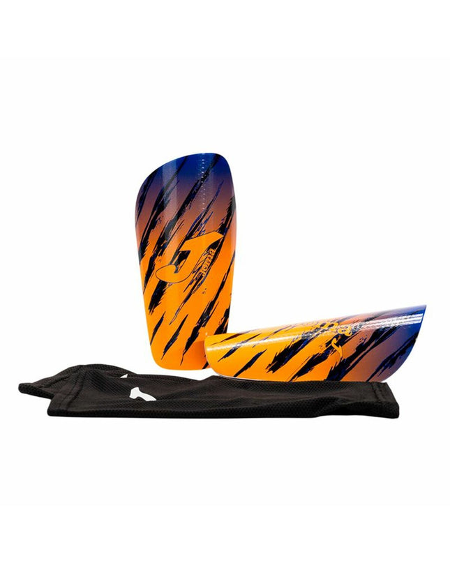 Orange Joma Sport Spider soccer shin guards with black straps, designed for football protection and outdoor sports.