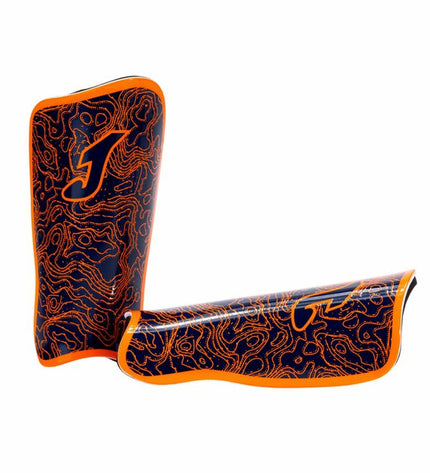 Orange Joma Sport Panther football shin guards, sport and outdoor soccer protective gear with adjustable straps.