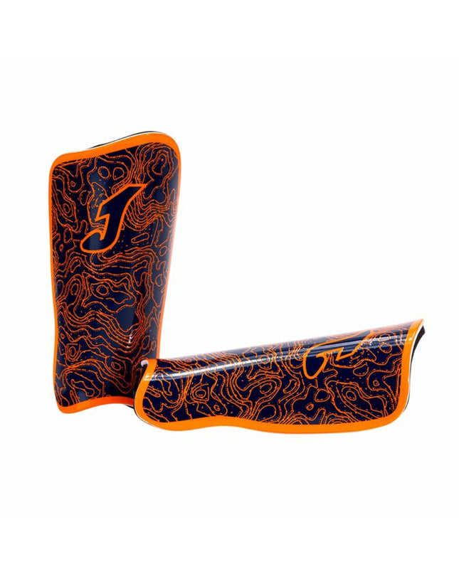 Orange Joma Sport Panther football shin guards, sport and outdoor soccer protective gear with adjustable straps.