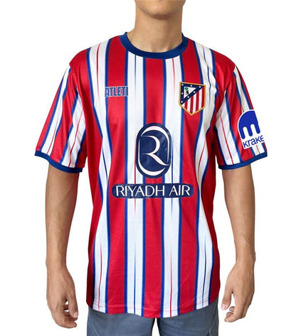 Atlético Madrid official home football jersey for men, short sleeves, featuring team crest and red and white stripes.