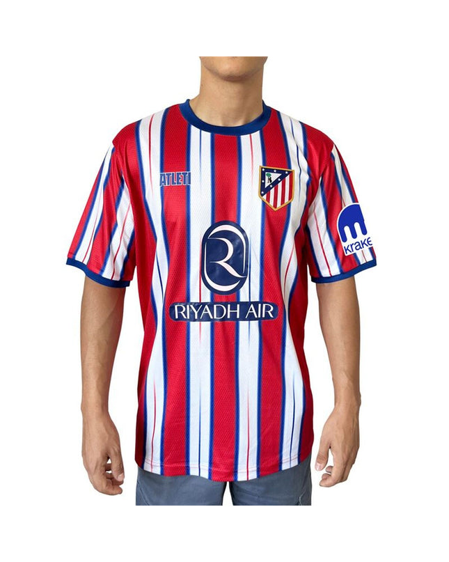 Atlético Madrid official home football jersey for men, short sleeves, featuring team crest and red and white stripes.
