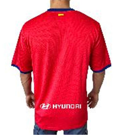 Atlético Madrid official home football jersey for men, short-sleeve, vibrant red with blue and white details, sportswear for soccer.