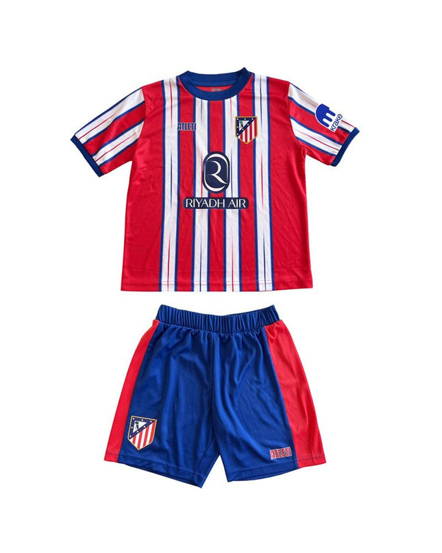 Atlético Madrid home football training set with red jersey and shorts, designed for kids, for sports and outdoor play.