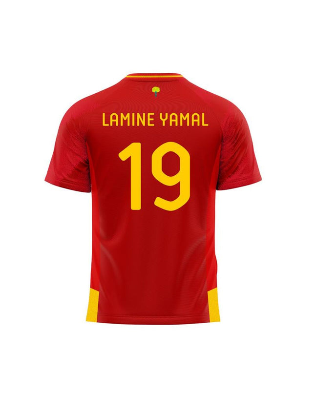 Children's Real Federación Española de Fútbol red football shorts with short sleeves, featuring Lamine Yamal 19 design.