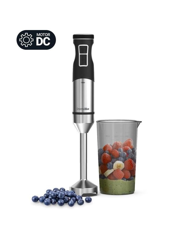 Universal Blue Handblender 7070X in blue, 700W, compact electric kitchen device with blending attachments on a countertop.