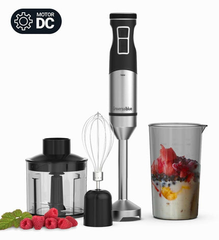 Universal Blue Handblender 7070X in blue with 700W motor, shown with blending attachments for kitchen use.