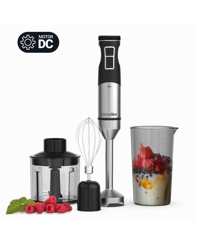 Universal Blue Handblender 7070X in blue with 700W motor, shown with blending attachments for kitchen use.