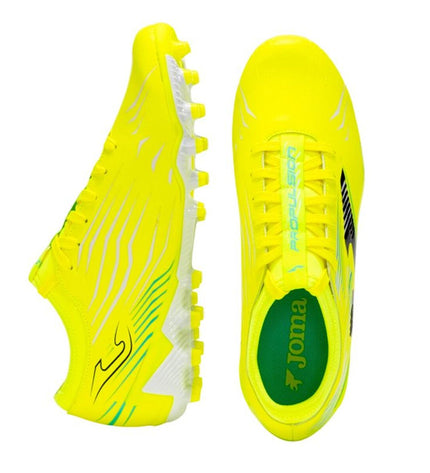 Yellow Joma Sport Propulsion 2509 adult football cleats for outdoor soccer, featuring a sleek design and sturdy studs.