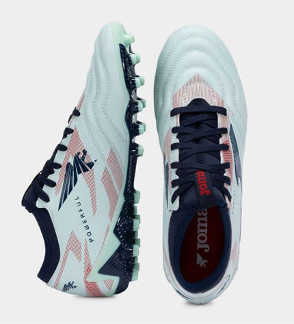 White Joma Sport Powerful adult football shoes with sleek design, suitable for outdoor soccer gameplay.