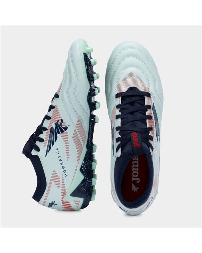 White Joma Sport Powerful adult football shoes with sleek design, suitable for outdoor soccer gameplay.