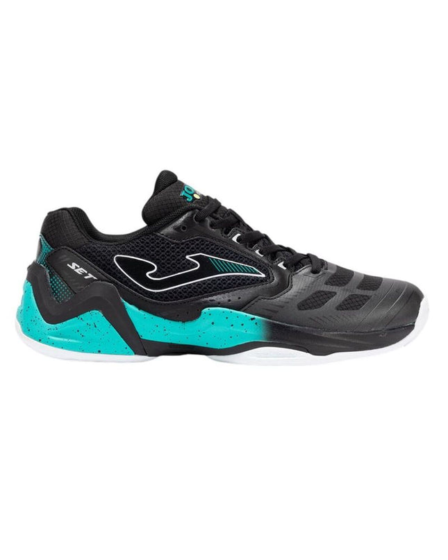 Black Joma Sport men's tennis shoes with breathable mesh and cushioned soles, designed for outdoor tennis play.