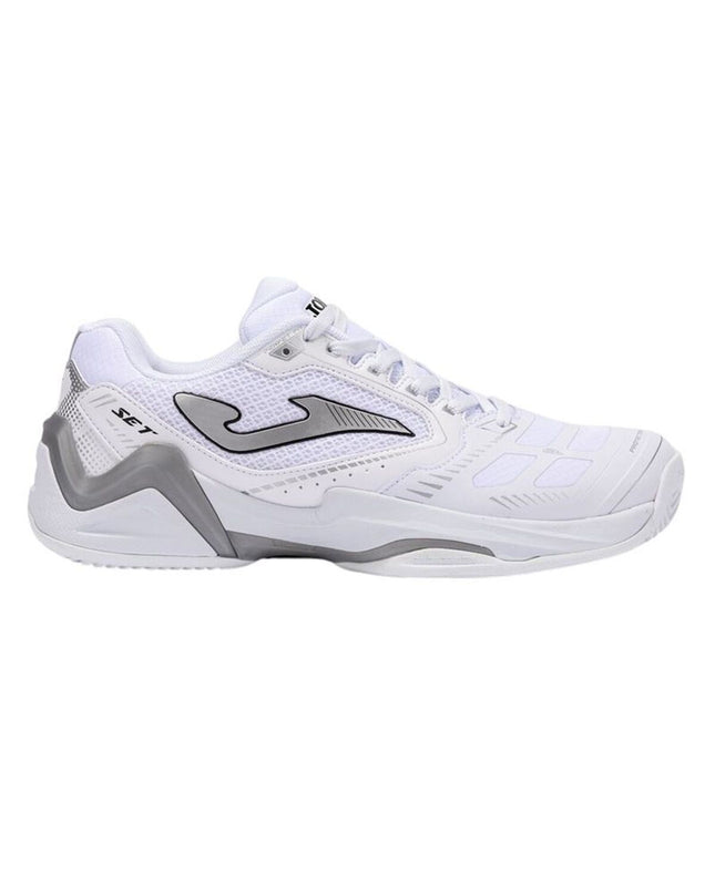 White Joma Sport men's tennis shoes with breathable mesh and cushioned soles, designed for outdoor tennis play.