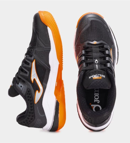 Black Joma Sport Slam 2501 adult tennis paddleshoes with breathable design and grip sole, suitable for outdoor sports.