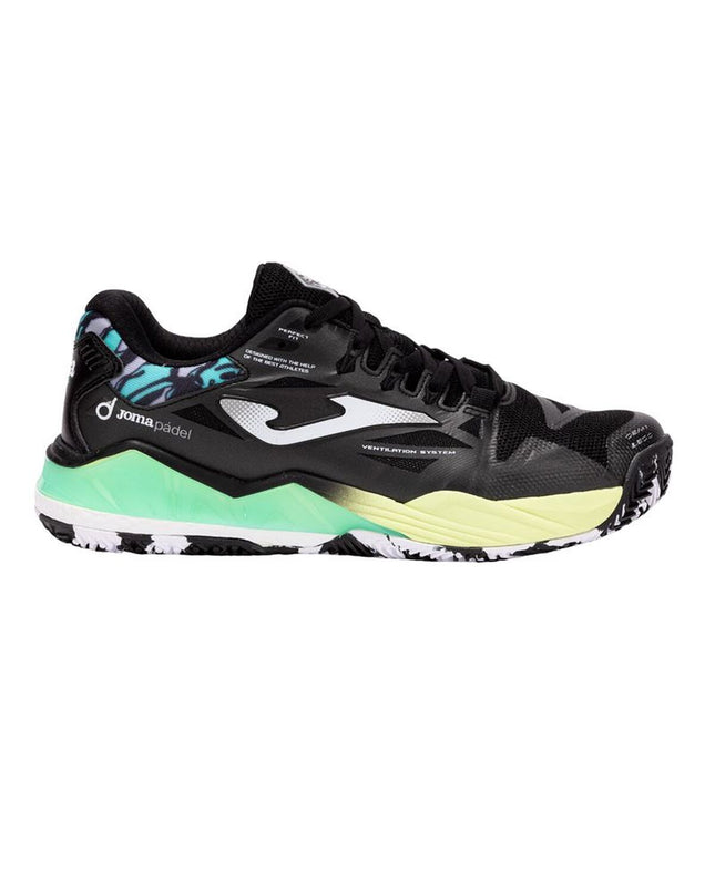 Black Joma Sport Spin 2501 adult tennis padelschoenen with breathable design and durable sole for outdoor tennis play.