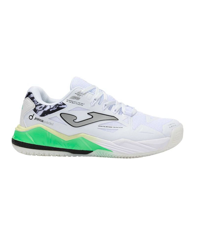 White Joma Sport Spin 2502 adult padel tennis shoes with breathable mesh and supportive sole, designed for outdoor sports.
