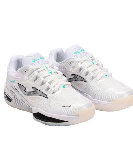White Joma Sport Slam 2502 adult tennis paddleshoes for sport and outdoor play, showing the side view with brand logo.
